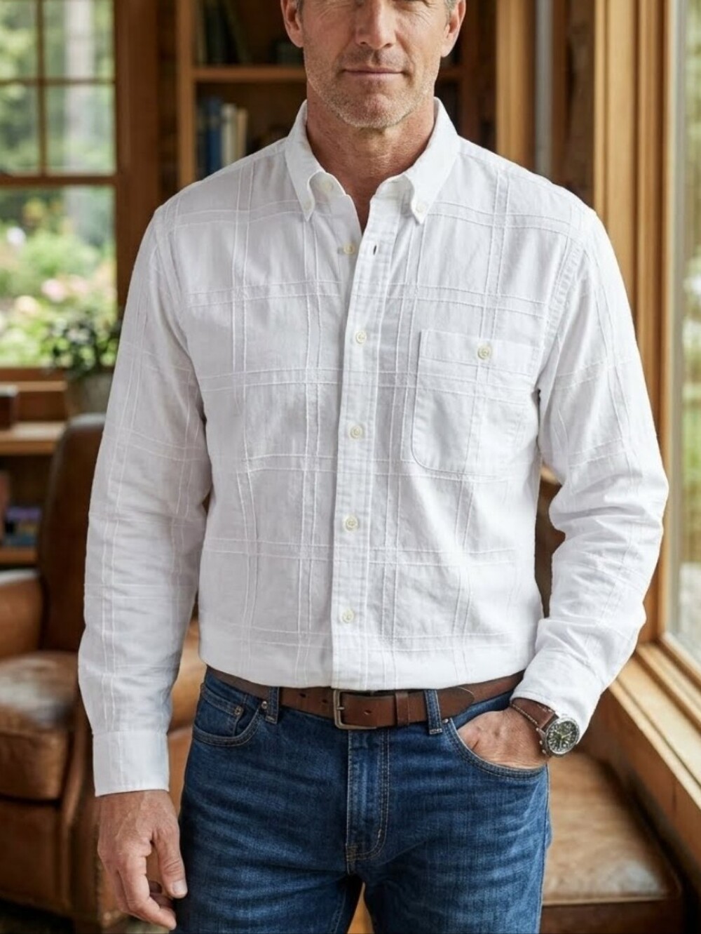 Orvis White Long-Sleeve Casual Button-Down Shirt